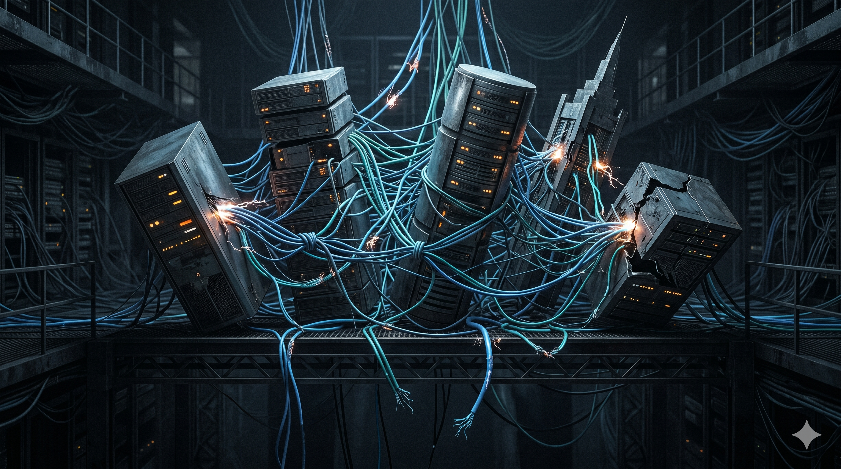 Five interconnected database towers tangled in fraying data pipelines — a visual metaphor for the fragmented infrastructure that breaks enterprise RAG deployments