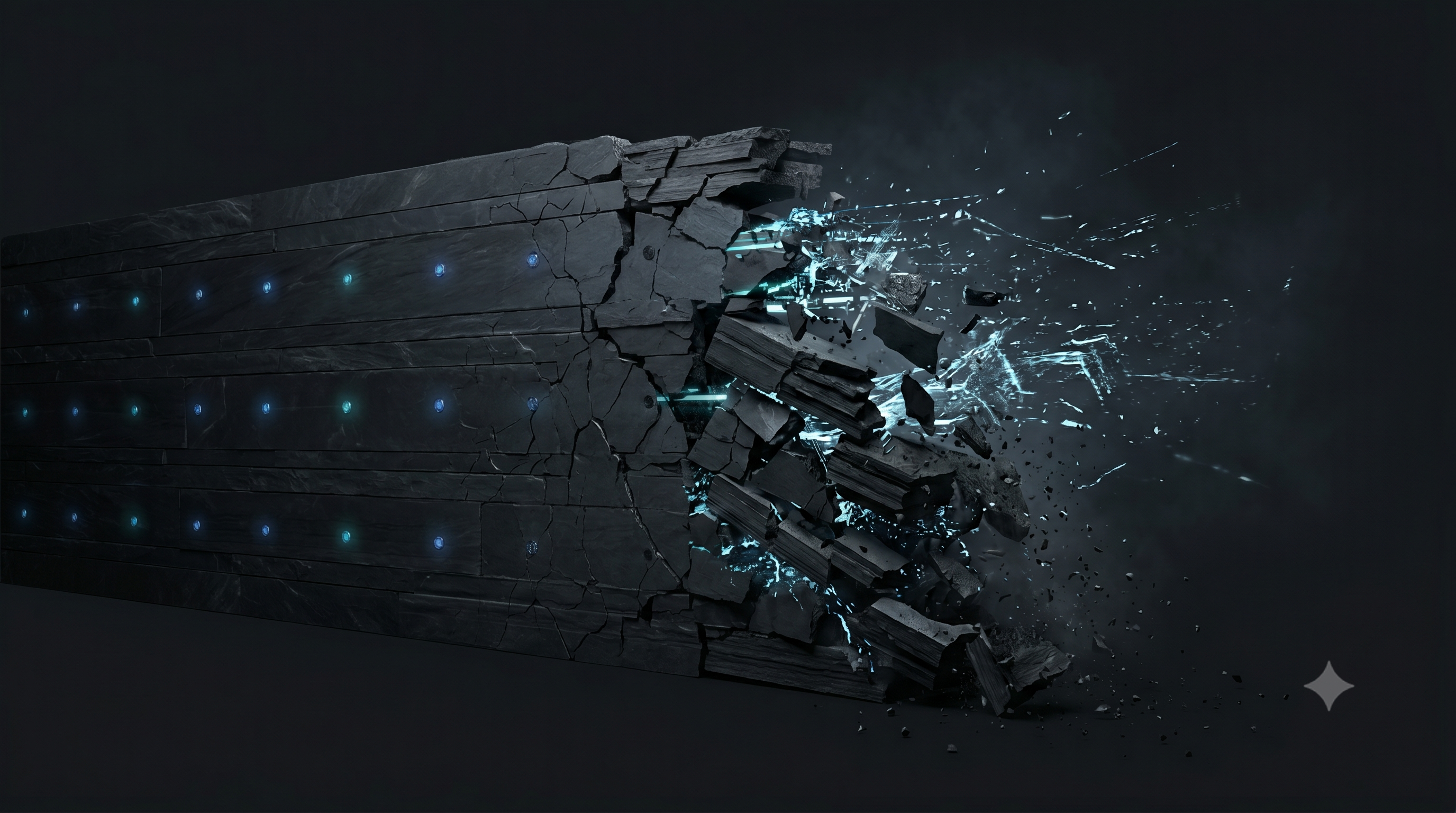 A monolithic wall progressively fracturing and dissolving from left to right, with organized data beams scattering into chaotic noise through the cracks — a visual metaphor for the silent degradation of RAG retrieval quality