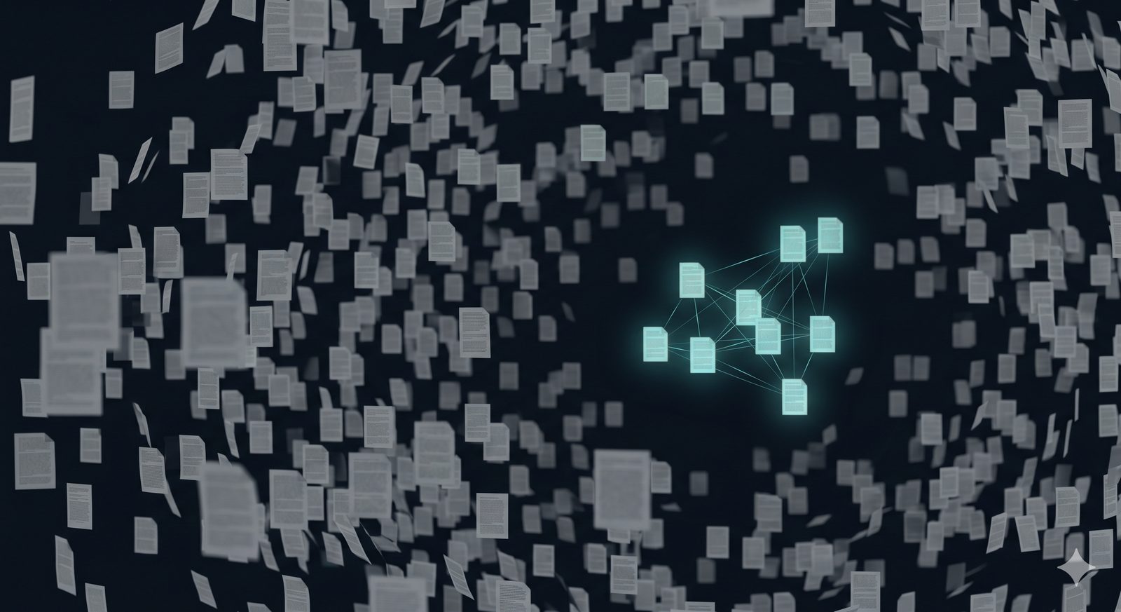 Hundreds of medical research papers floating in dark space, the vast majority in gray shadow, with a small cluster of documents glowing teal and connected by thin lines — visualizing the 97.6% of published clinical evidence invisible to practicing clinicians