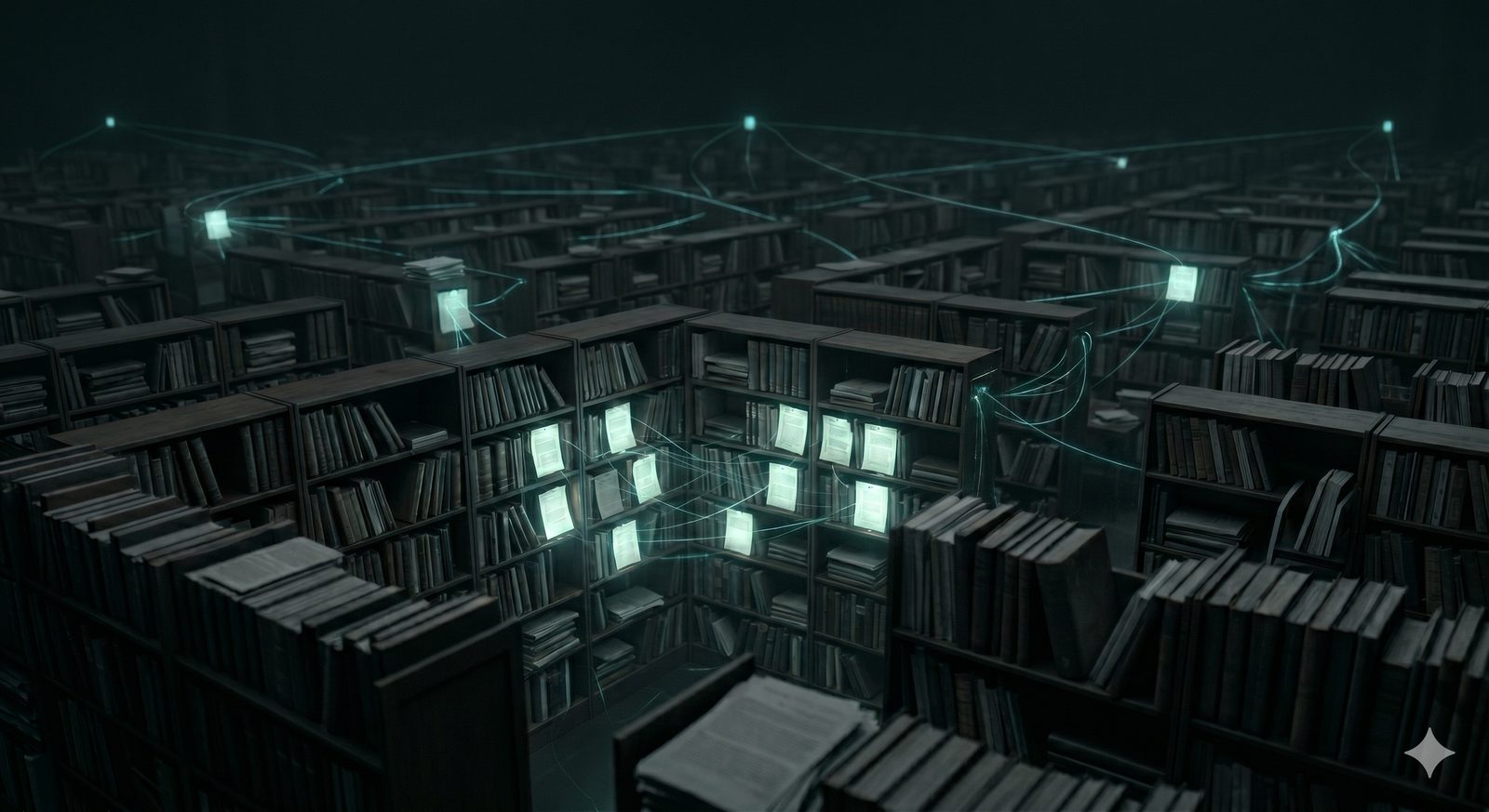 A vast dark library with thousands of medical journals on shelves fading into shadow, a handful of documents glowing with teal light and connected by luminous threads — representing the knowledge synthesis gap in healthcare AI