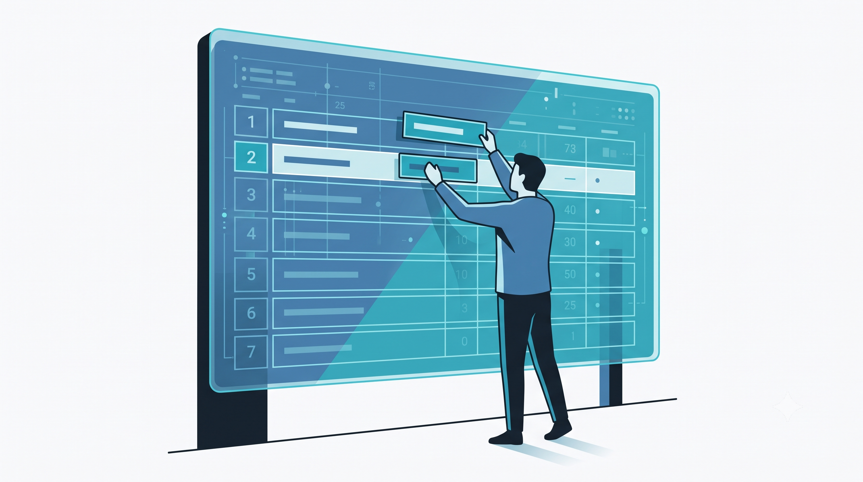 A solitary figure calmly moving their own nameplate from the top of a glowing blue-teal scoreboard to a lower position — a visual metaphor for voluntary self-correction in published benchmark results